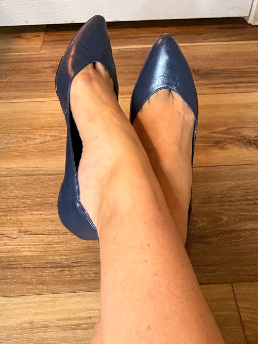 Vintage 1980s René Brazil Navy Leather Pumps 8M Pointed Toe Kitten Heels